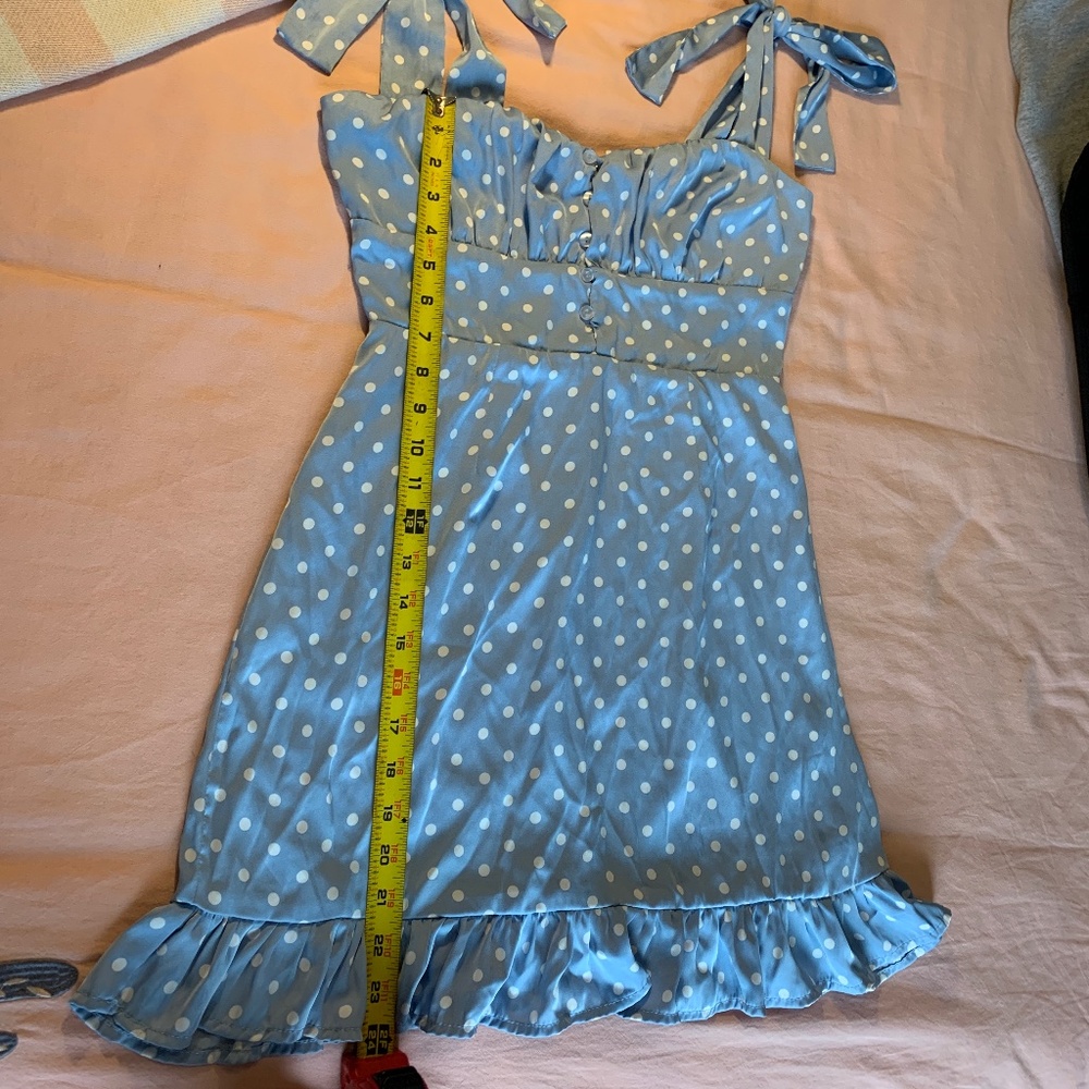 Pale Blue AND White Polkadot Dress SIZE M Shoulder Straps Adjustably Tie